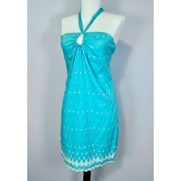 Vintage Tocca Mini Dress sz 2 Blue Embroidered Tie Neck - Picture 3 of 14